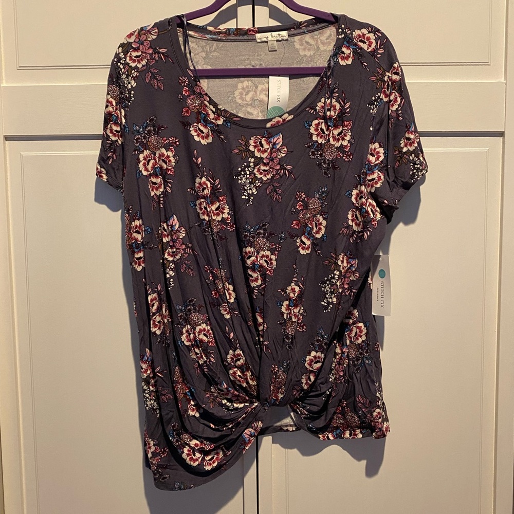 Purple floral knotted front blouse